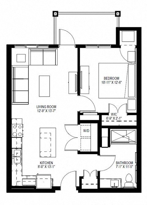 Floor plan for 1 bed, 1 bath, 723 sqft